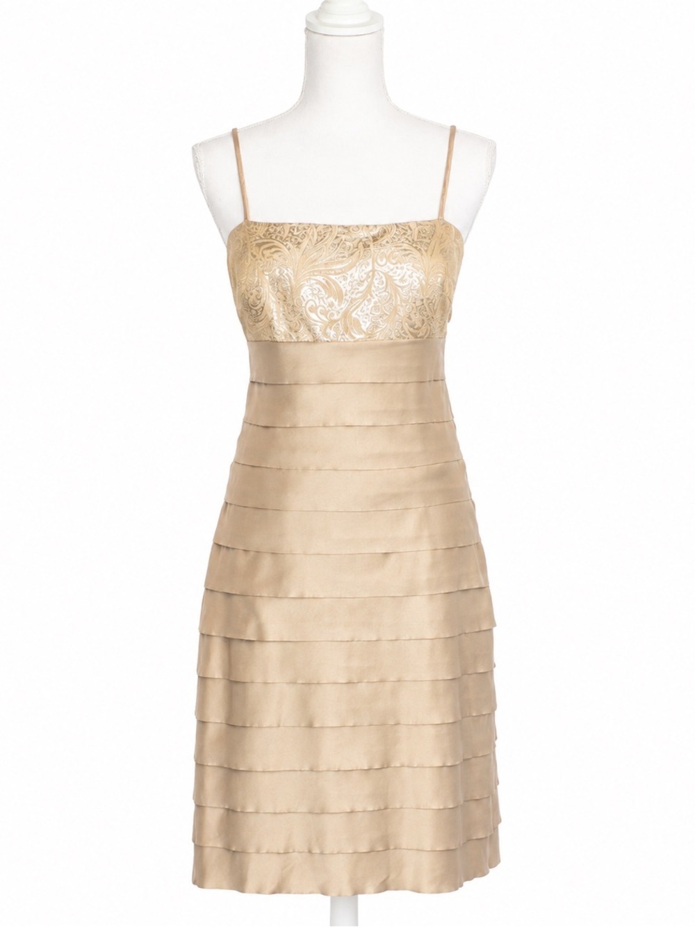 ALEX EVENINGS Champagne Gold Tiered Satin Cocktail Dress | Brocade Bodice 10P
